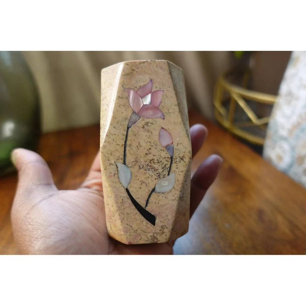 Vintage Stone Vase with Inlaid Floral Design, Small Decorative Vase‎
